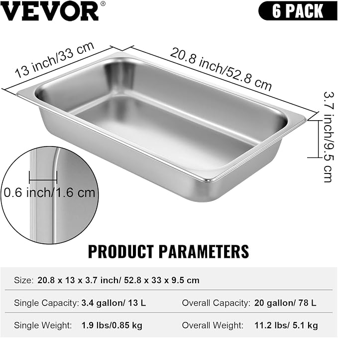 VEVOR 6 Pack Stainless Steel Hotel Pans, Full Size 4Inch Deep 22 Gauge/ 0.8mm - Image 7