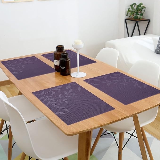 SHACOS Woven Vinyl Placemats Set of 4 Purple Leaf Pattern Place Mats Wipe Clean - Image 7