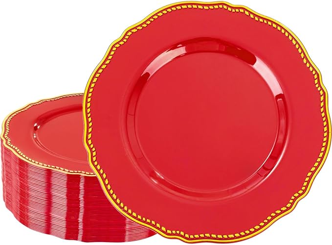 60 Pcs Red Gold Dinner Plates for Party | 10.25 inch Heavy-duty Disposable by Hioasis