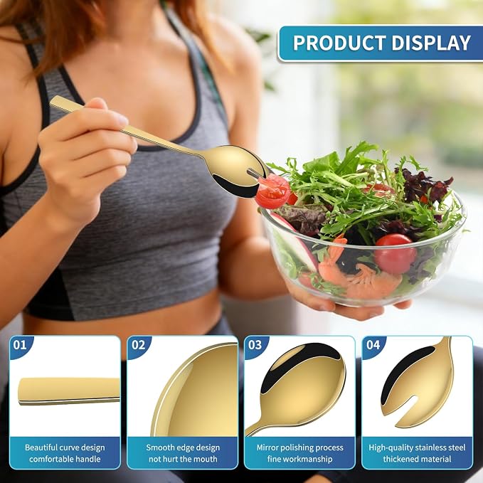 Gold Salad Serving Utensils Set of 2, 9.4 Inch Stainless Steel Salad Tossing - Image 3