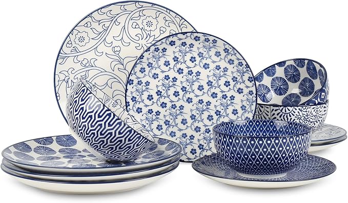 Selamica Ceramic Dinnerware Sets, Vintage Blue | Scratch Resistant Dishes set by Selamica