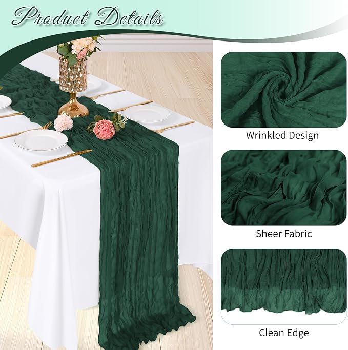 3 Pack Emerald Green Cheesecloth Table Runner, 17 x 108 inch, Semi Sheer Boho - Image 4