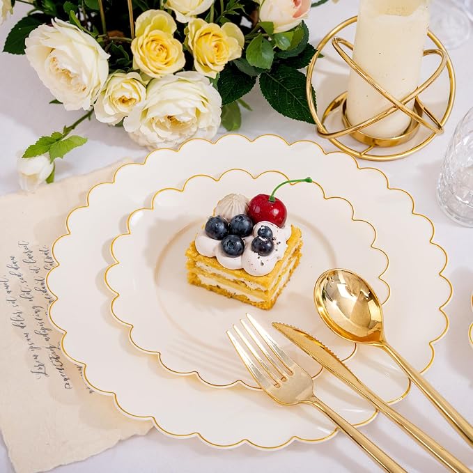 LIYH 210Pcs Ivory Scalloped Plastic Plates, Elegant Platos Desechables Elegantes - Image 5