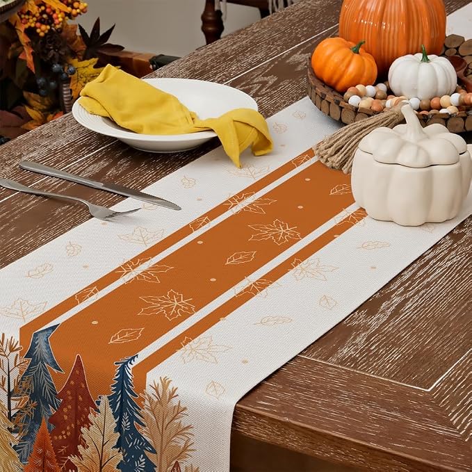 Fall Watercolor Trees & Maple Leaves Striped Table Runner 13x90 Inch, Rustic - Image 4