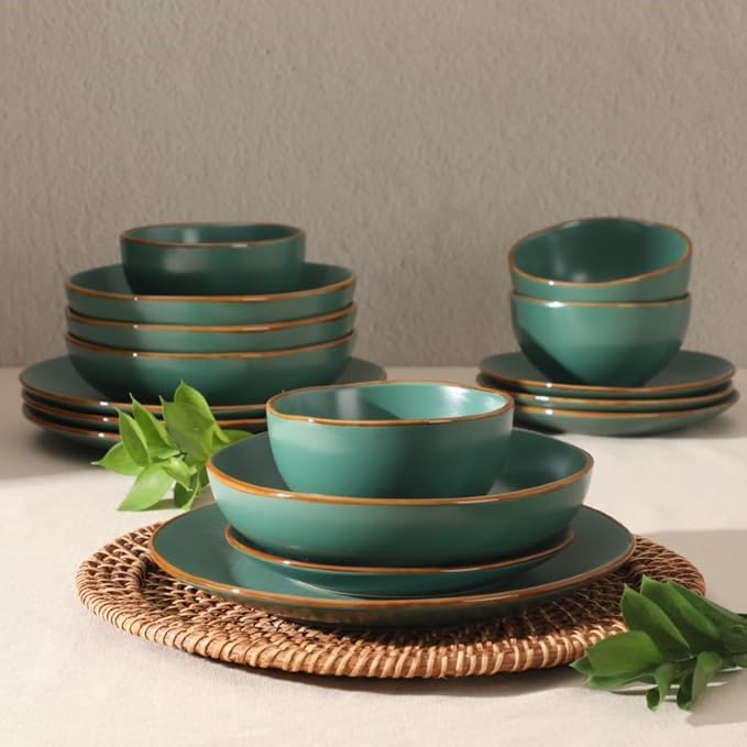 Gibson Home Hazeltine 16-Piece Green Stoneware Dinnerware Set – Plates and Bowls - Image 3