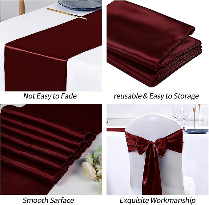 SiinvdaBZX 4 Pcs Burgundy Satin Table Runner 12 x 108 inches Long | Bright - Image 6