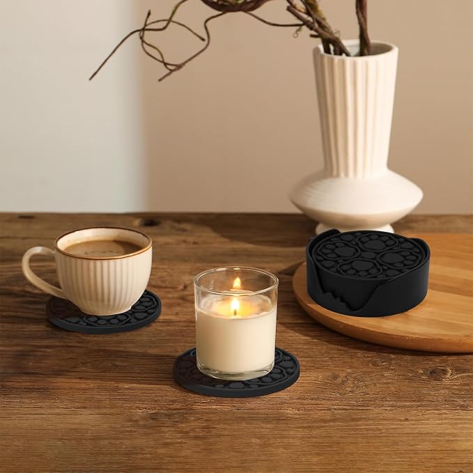 Black Silicone Coasters with Holder, 4 Inch Modern Non-Slip Drink Coasters Set - Image 5