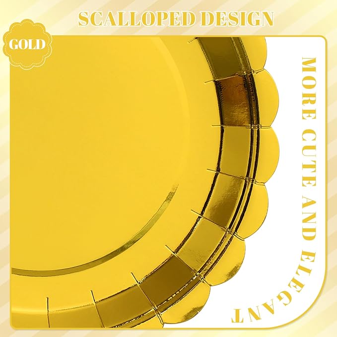 NatNarr 30-Pack 9-Inch Gold Scalloped Disposable Paper Dessert Plates | Thick - Image 3