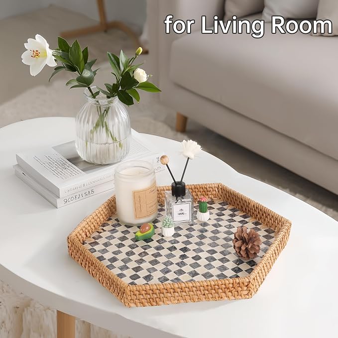 Hexagon Rattan Tray with Mother of Pearl Inlay, Rattan Serving Tray - Image 7