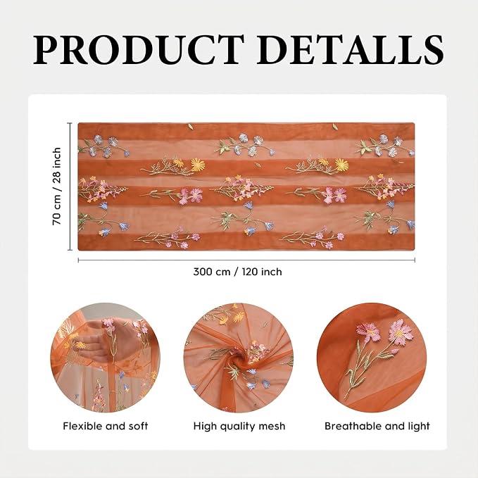 Artoid Mode Wildflower Floral Caramel Gauze Embroidery Table Runner 120 Inch - Image 6