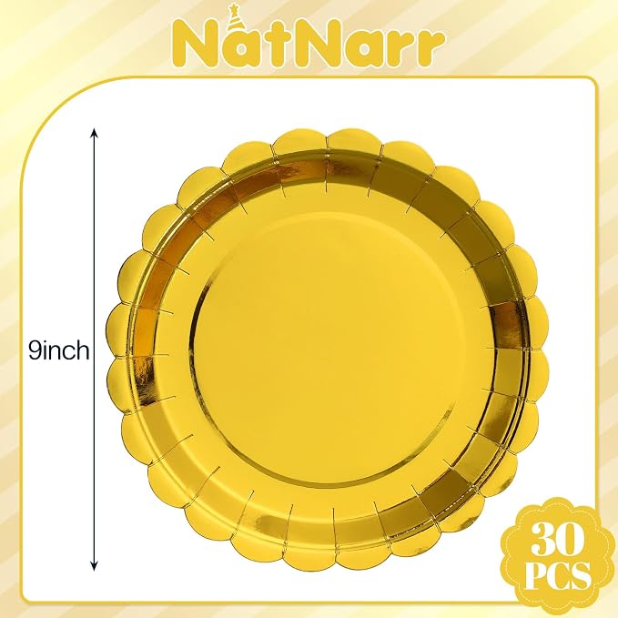 NatNarr 30-Pack 9-Inch Gold Scalloped Disposable Paper Dessert Plates | Thick - Image 2