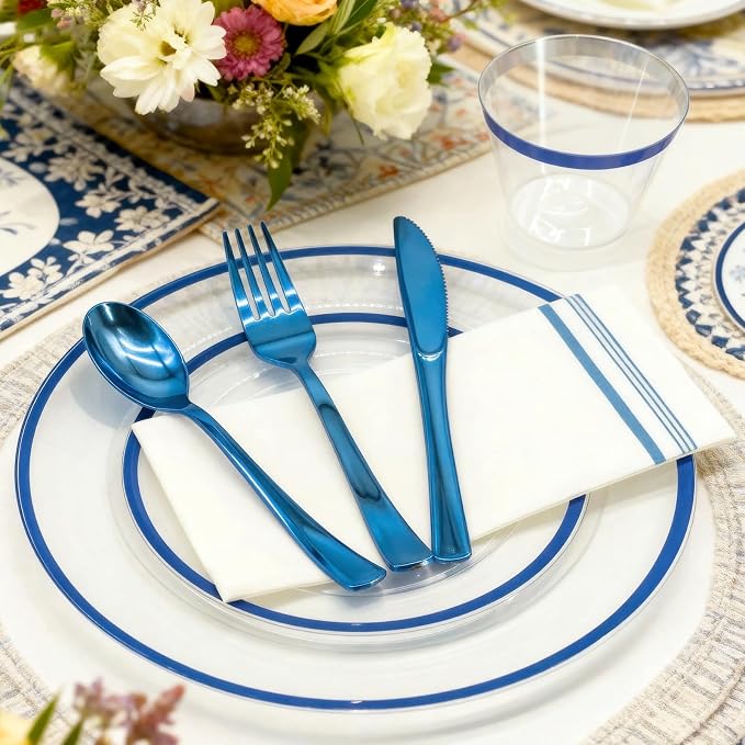 AIRE Blue Gold Plastic Plates Set, sturdy leakproof cutlery, fancy party - Image 3