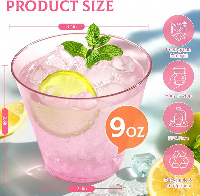Glowserve 9 OZ Pink Disposable Plastic Cups Cocktail Cup 150 Pack | Fancy - Image 4