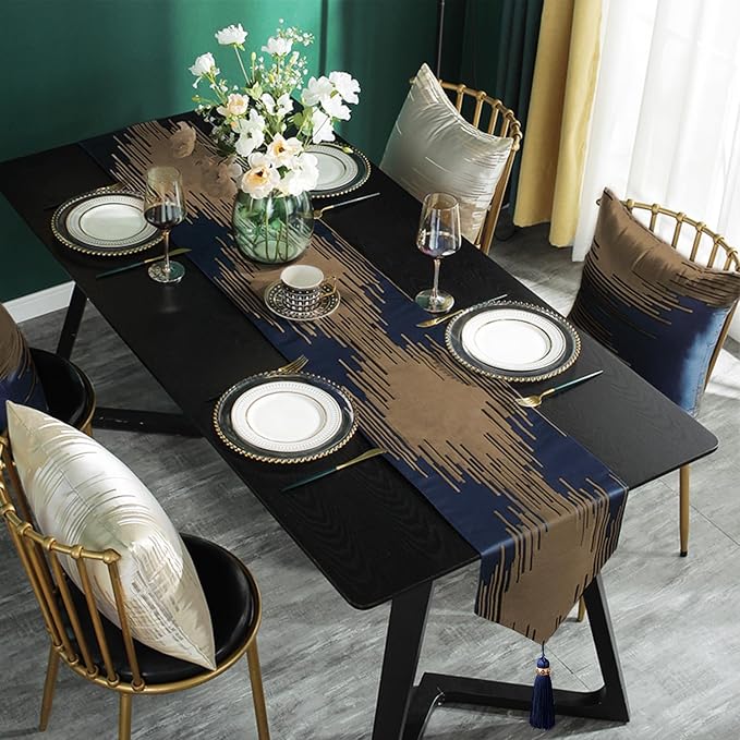 Luxury Modern Blue Table Runner, Elegant Abstract Striped, Tassels | Table - Image 6