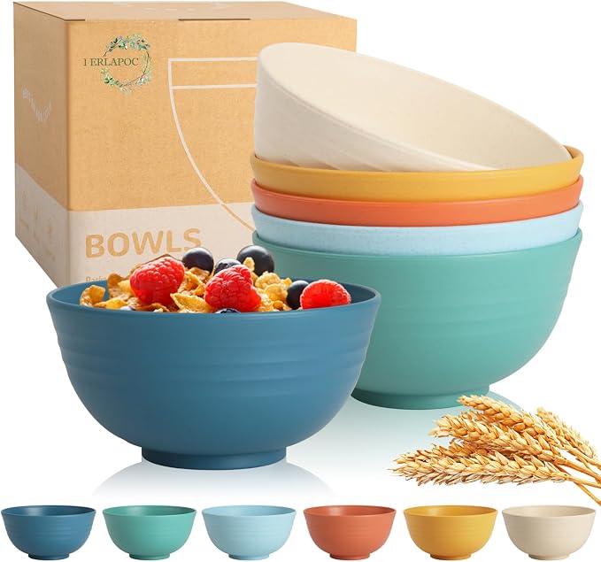 Wheat Straw Bowls, 26 OZ Cereal Bowls Set of 6, Unbreakable Salad and Soup Bowls by Perlapoc
