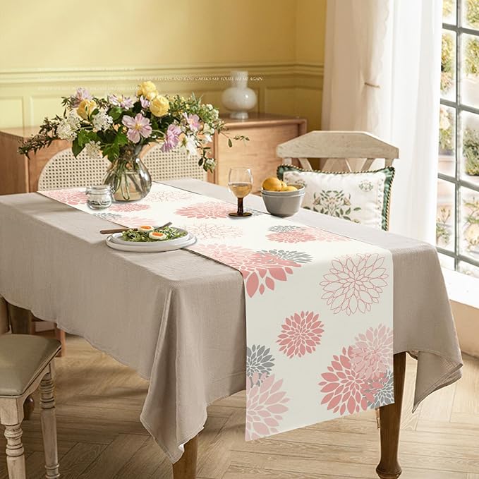 Pink Gray Table Runner Dahlia Pinnata Flower Beige Table Runners Modern Elegant - Image 2