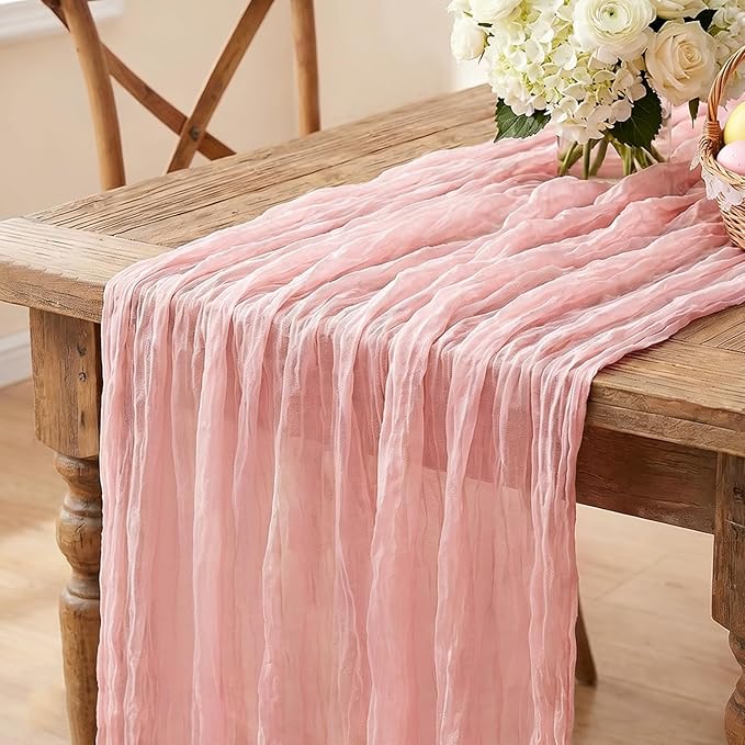 3Pcs Pink Cheesecloth Table Runner, 10FT Dusty Pink Boho Gauze Table Runner by Miucat