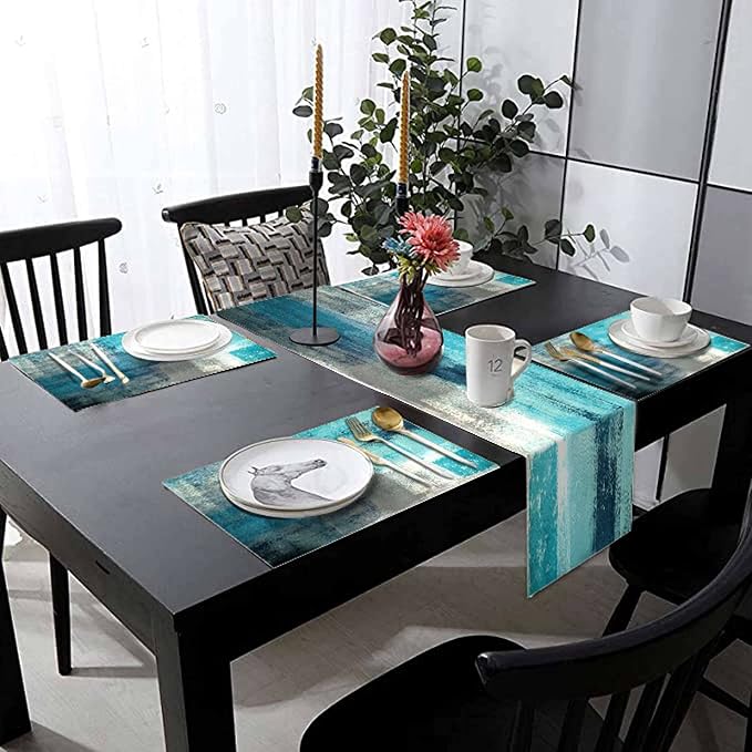 Turquoise Abstract Modern Table Runner and Placemats Set of 6 | Long Teal Blue - Image 6