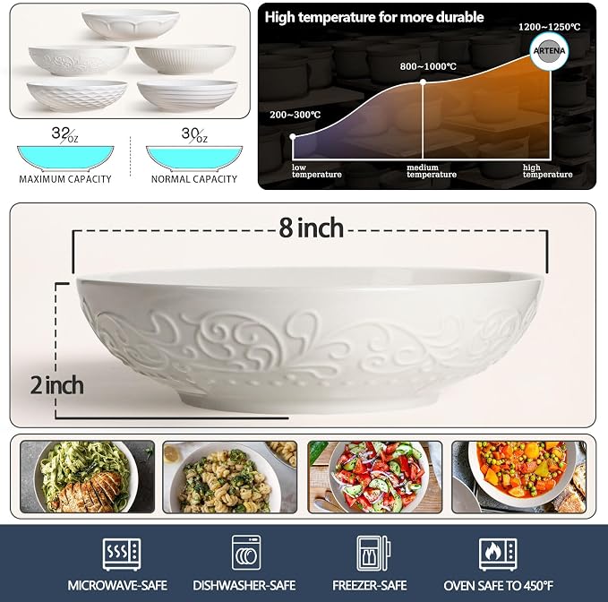 Pasta Bowls 32oz, Ceramic Large Salad Bowls 8 inch, Soup Bowls Set of 4 - Image 2