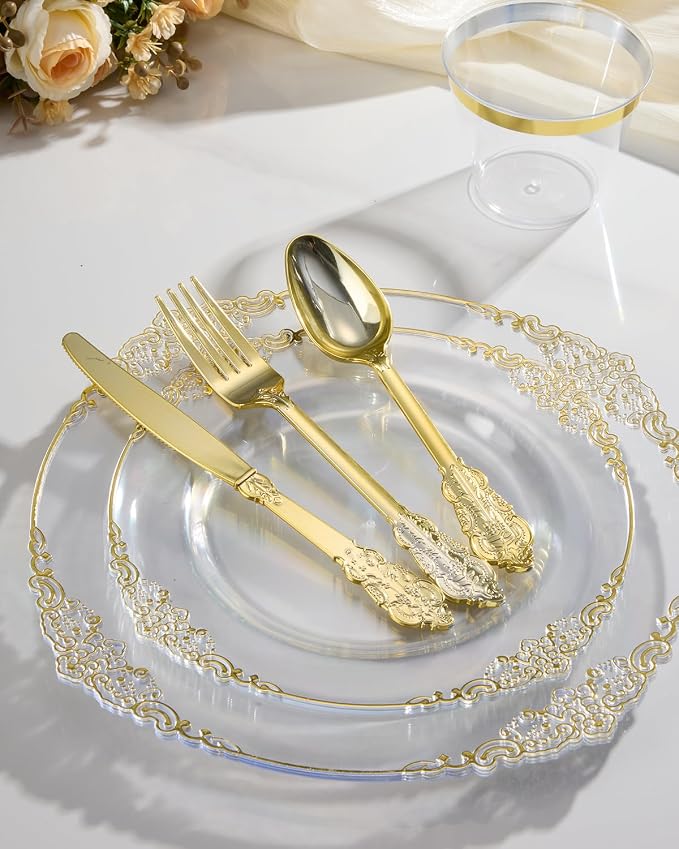 350 Piece Clear Gold Plastic Dinnerware Set - Image 6