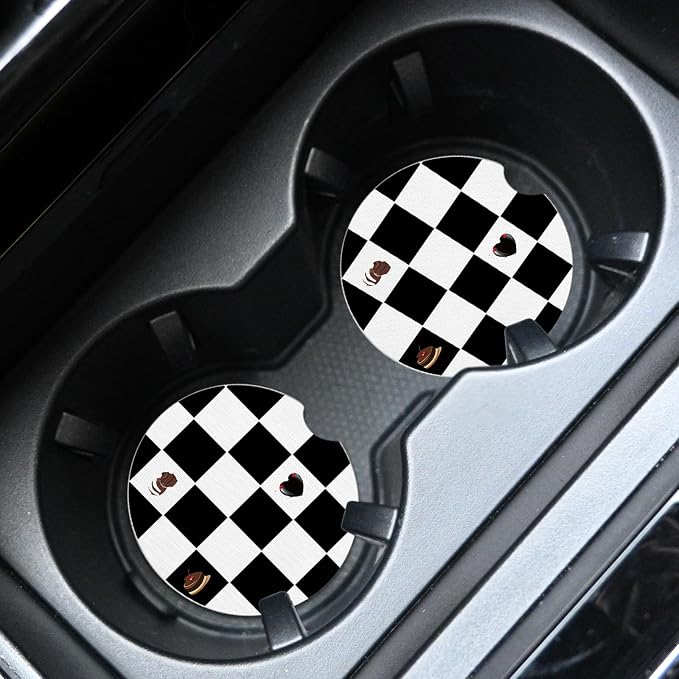 2pcs Black and White Checkerboard Car Coasters, Absorbent Universal neoprener - Image 3
