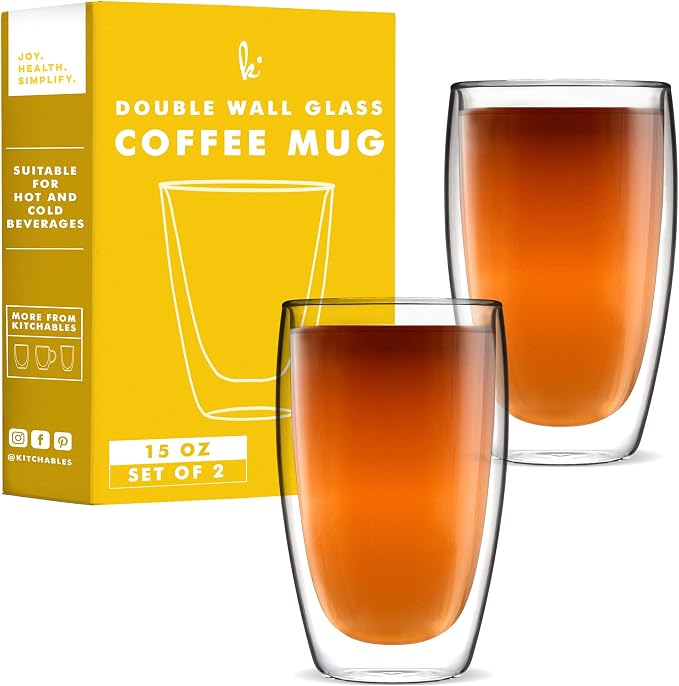 Kitchables Double Walled Glass Coffee Mugs Set of 2, 15oz Insulated Glass by KitchablesProducts