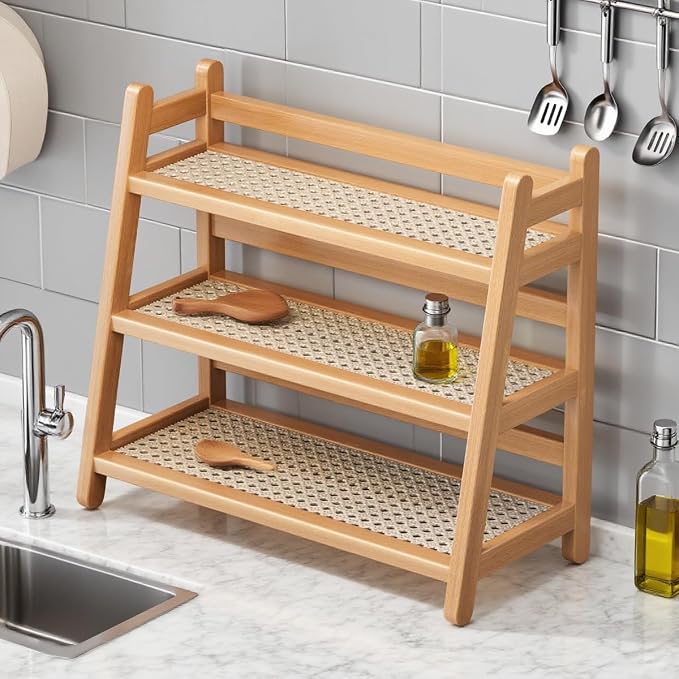 Three Tier Wooden Storage Shelf, Bamboo Ladder Shelf, Desk Tabletop Rack - Image 6