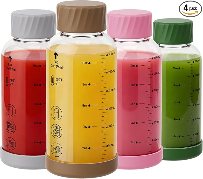 12 oz Glass Juice Bottles 4 Pack, Leakproof Borosilicate Glass Bottles | by Sursip%C2%AE