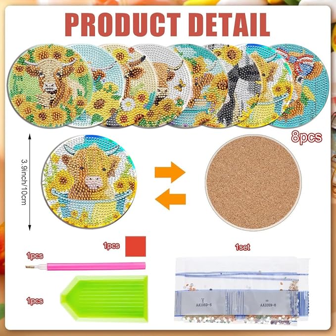 8 Pcs Sunflower Diamond Art Painting Coasters Kits - Image 2