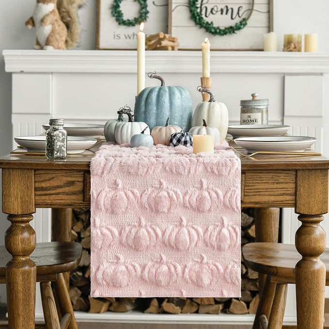 Artoid Mode Pink Soft Faux Fur Pumpkins Fall Table Runner 13x36 Inch | Seasonal - Image 3