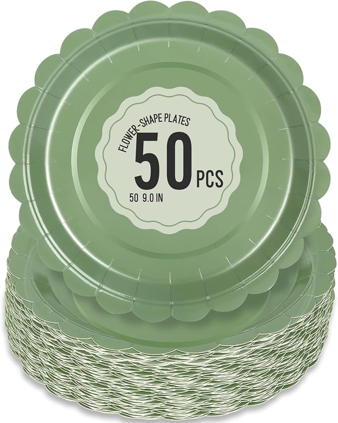 50 Pcs Sage Green Paper Plates 9 Inch Scalloped Dessert Plates by Polinook-TheAnswerToEveryClutteredSpace