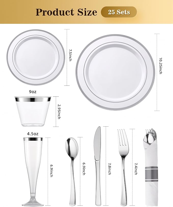 200 PCS Silver Dinnerware Set, Party Plastic Plates - Image 2