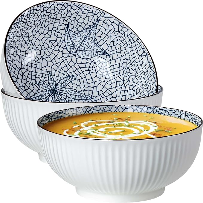 QINLANG Large Soup Bowls, Pho & Ramen Set of 3, 60 oz Blue & White Porcelain by QINLANG