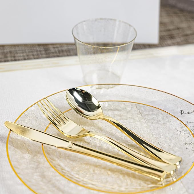 HOMIP 175PCS Clear Gold Glilter Plastic Dinnerware Set, Prerolled Silverware | - Image 5
