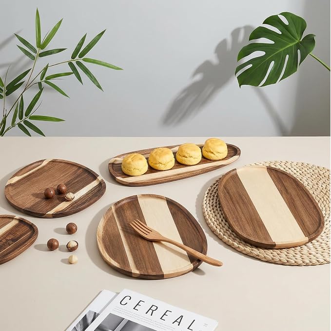 Okllen Set of 5 Small Acacia Wood Serving Platter and Trays, Irregular Oval - Image 7