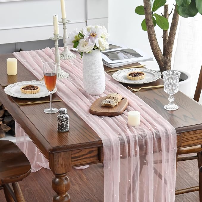 Artoid Mode 3PCS Pearl Pink Gauze Table Runner 120 Inch 10FT, Seasonal Sheer - Image 2