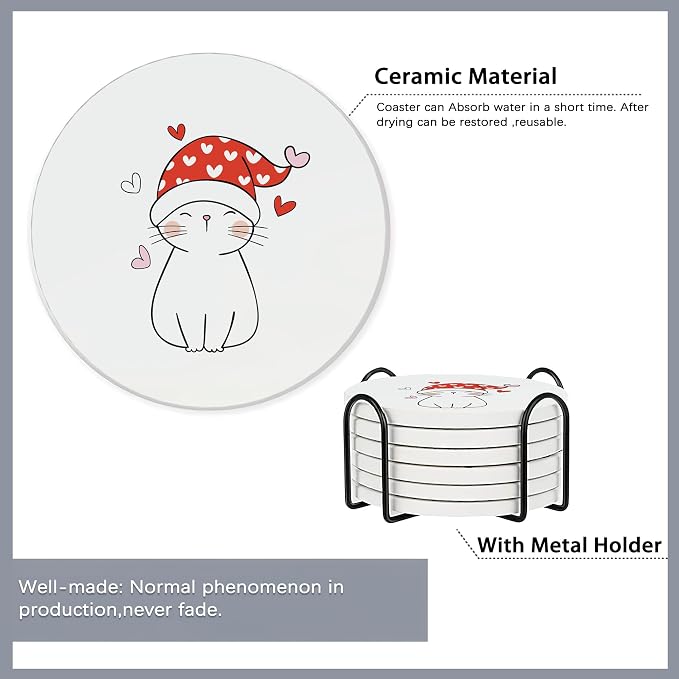 6 Pcs Coasters for Drinks with Holder, Sweet Cat in Love Cute Absorbent Coaster - Image 5
