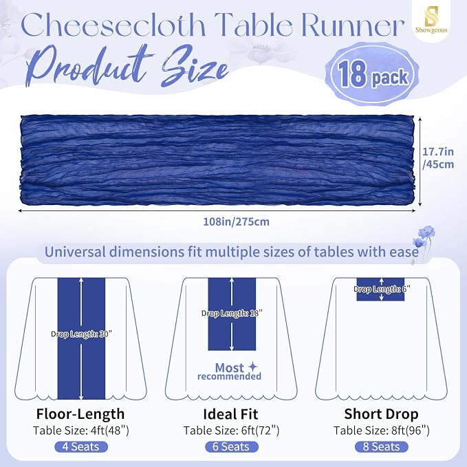 Showgeous 18 Pack Royal Blue Cheesecloth Table Runner, 17 x 108 Inches | Boho - Image 2