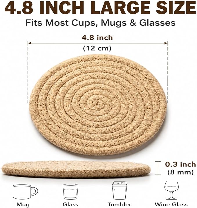 Boho Drink Coasters Set of 4, 4.8 Inch Absorbent Cotton Woven Coasters - Image 2