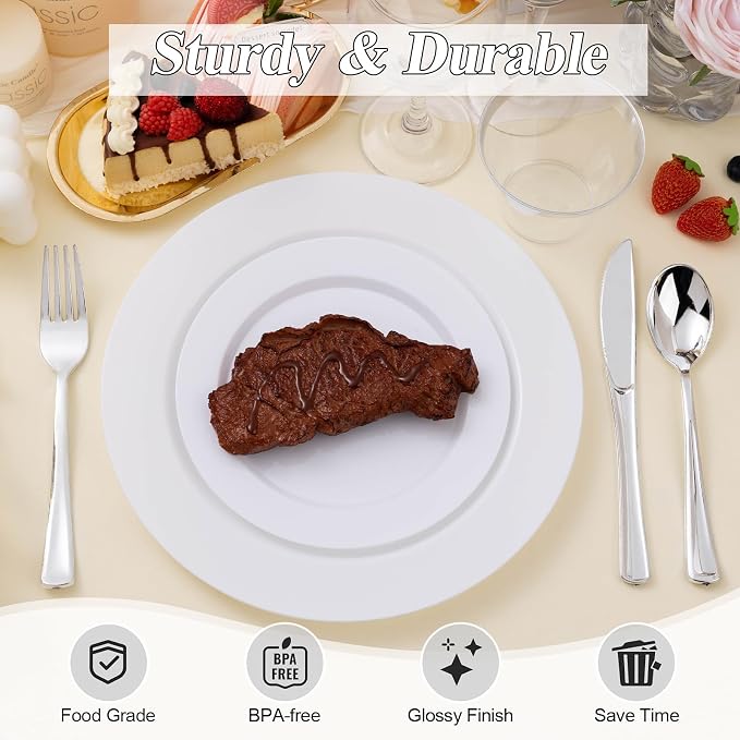 BESTSTAR 100PCS White Plastic Plates Set | 50 10.25 inch Dinner Plate and 50 - Image 4