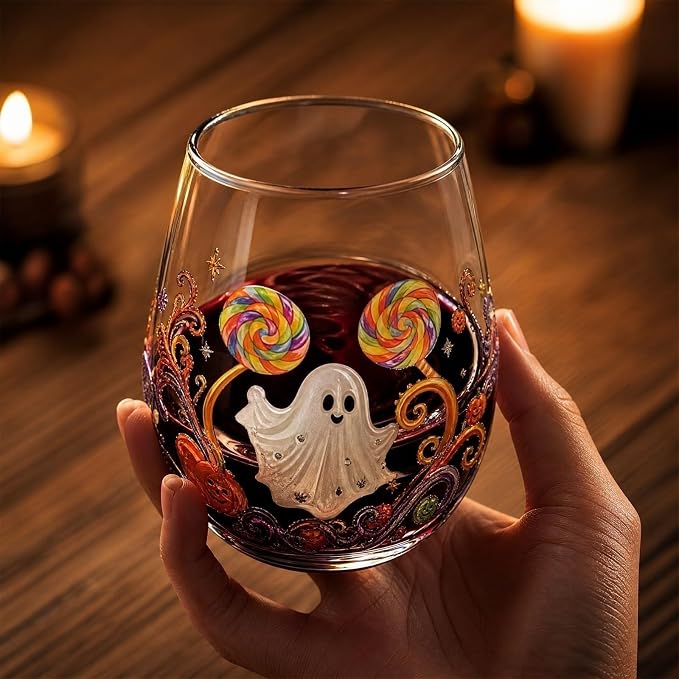 Halloween Printed Glass Cup, Ghost Pumpkin Themed Handleless Drinking Tumbler - Image 4