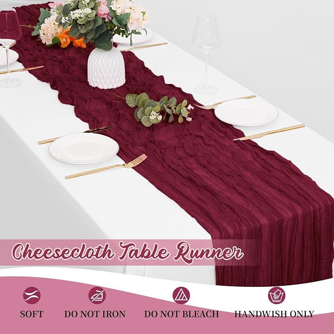 16 Pack Burgundy Cheesecloth Table Runners 20x120 Inch Gauze Table Runner 10FT - Image 6