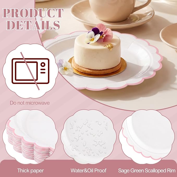 NatNarr 30 Pk Pink Paper Plates 7" Scalloped Pink White Dessert Cake Plates | - Image 3