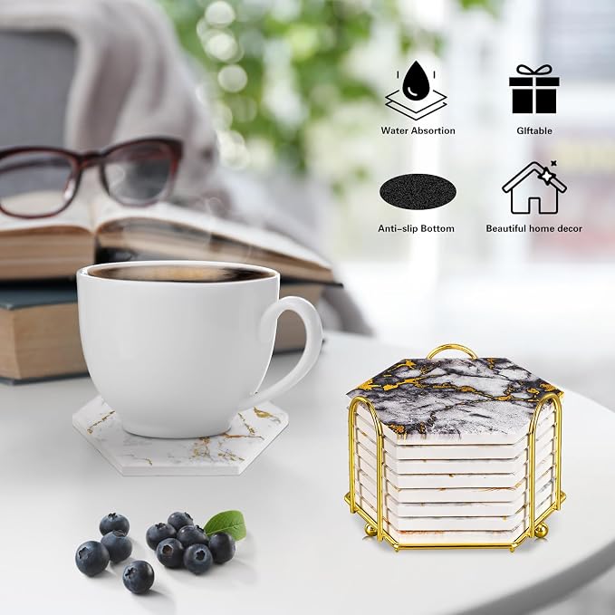 Gold Marble Coasters, Geichan Ceramic Bar Coasters Cute Dining Coffee Table - Image 3