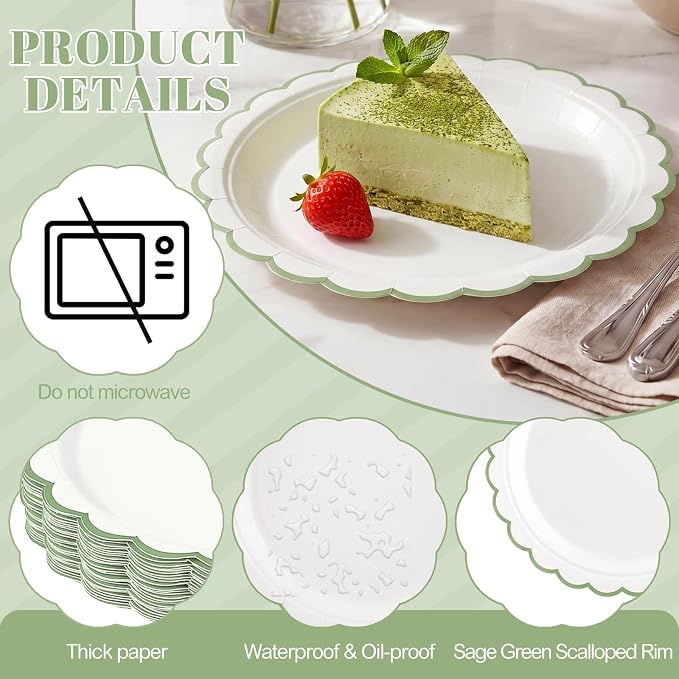 NatNarr 30 Pk Sage Green Paper Plates 9" Scalloped Green White Party Plates | - Image 3