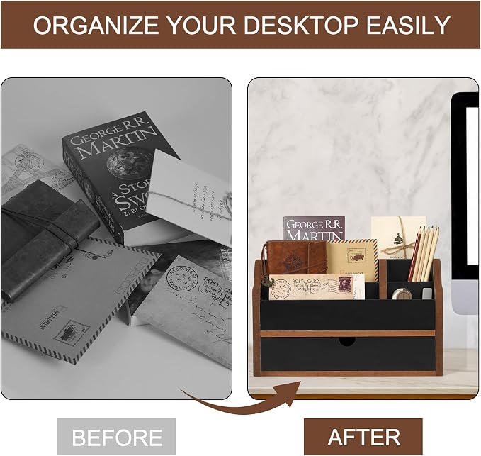 Desk Organizer with Drawer Wood File Office Mail Organizer Countertop | 5 Slot - Image 4
