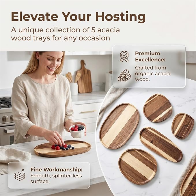Okllen Set of 5 Small Acacia Wood Serving Platter and Trays, Irregular Oval - Image 8