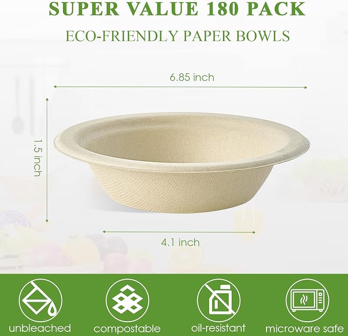 Vplus 200 Pack 16 OZ Compostable Paper Bowls, Bagasse Bowls，Nature | Disposable - Image 3