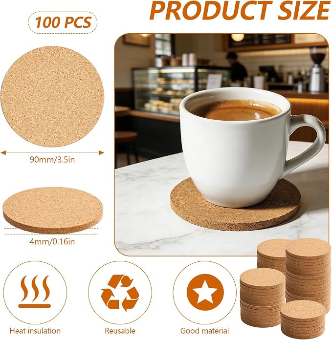 100 pcs Cork Coasters for Drinks, Blank Coasters DIY Crafts, Heat-Resistant - Image 2