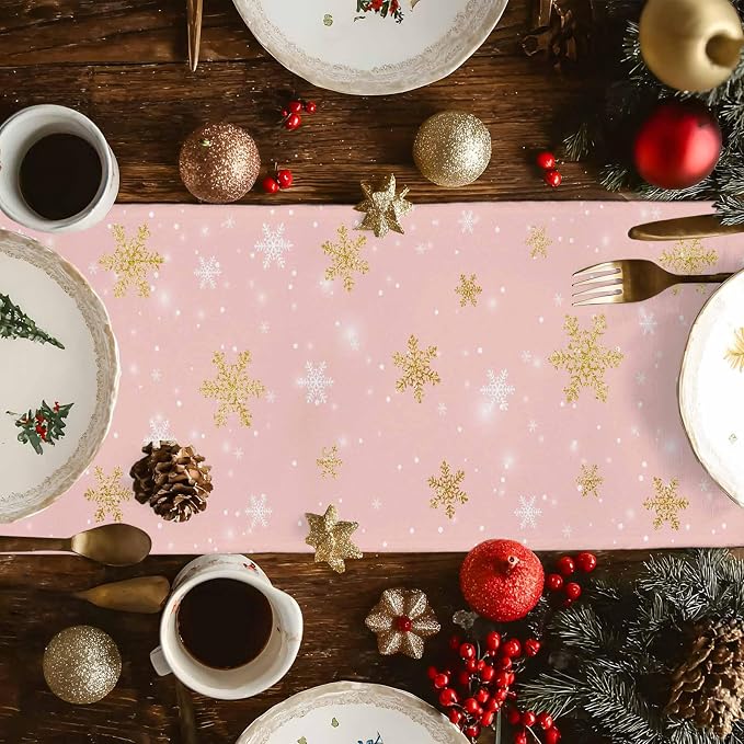 Pink Christmas Snowman Table Runners 90 Inches Long, Cotton Linen Fabric - Image 6
